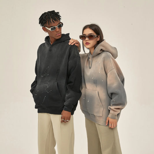 Street Wear Speckled Ink Rubbed Hooded Hoodies Fashion Sense Distressed Winter Coat Men's and Women's Baggy Washing Clothes