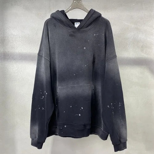 Street Wear Speckled Ink Rubbed Hooded Hoodies Fashion Sense Distressed Winter Coat Men's and Women's Baggy Washing Clothes