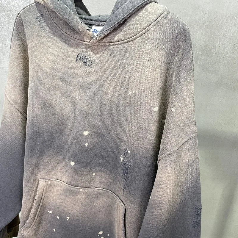 Street Wear Speckled Ink Rubbed Hooded Hoodies Fashion Sense Distressed Winter Coat Men's and Women's Baggy Washing Clothes