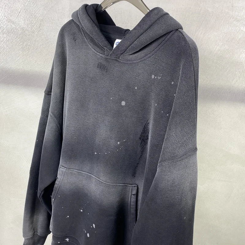 Street Wear Speckled Ink Rubbed Hooded Hoodies Fashion Sense Distressed Winter Coat Men's and Women's Baggy Washing Clothes