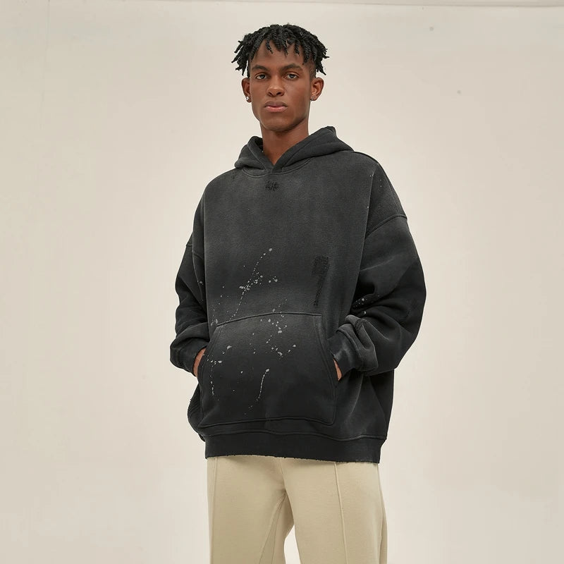 Street Wear Speckled Ink Rubbed Hooded Hoodies Fashion Sense Distressed Winter Coat Men's and Women's Baggy Washing Clothes