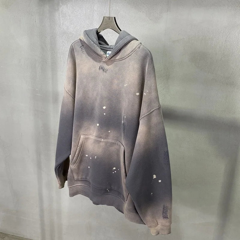Street Wear Speckled Ink Rubbed Hooded Hoodies Fashion Sense Distressed Winter Coat Men's and Women's Baggy Washing Clothes
