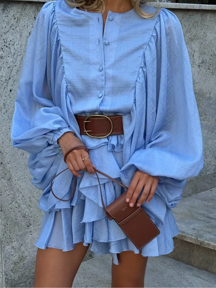 [castlasla] princess ASOS Round Neck Button Up Waisted Mini Dress Artisanal Finish
