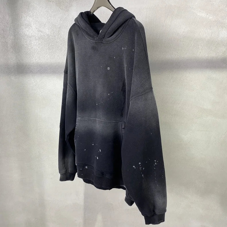 Street Wear Speckled Ink Rubbed Hooded Hoodies Fashion Sense Distressed Winter Coat Men's and Women's Baggy Washing Clothes