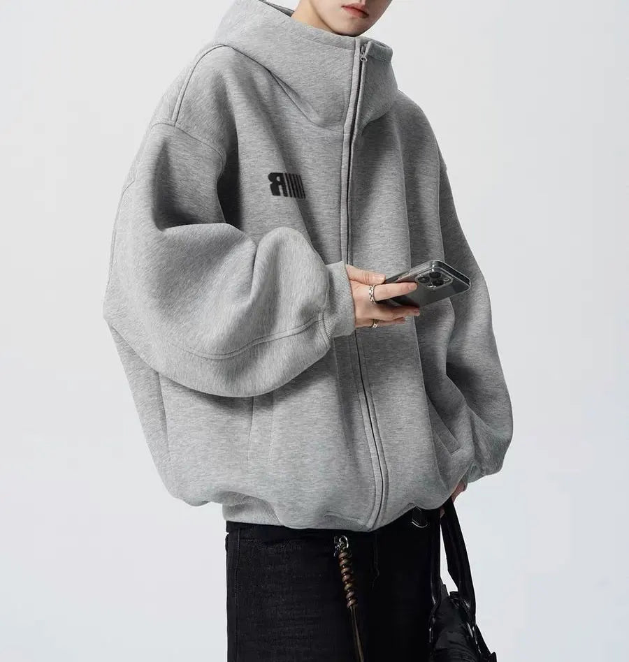Casual Turtleneck Hooded Sweatshirts Autumn American Retro Letter Men's Clothing Printed Fashionable Zipper Loose Basic Hoodies