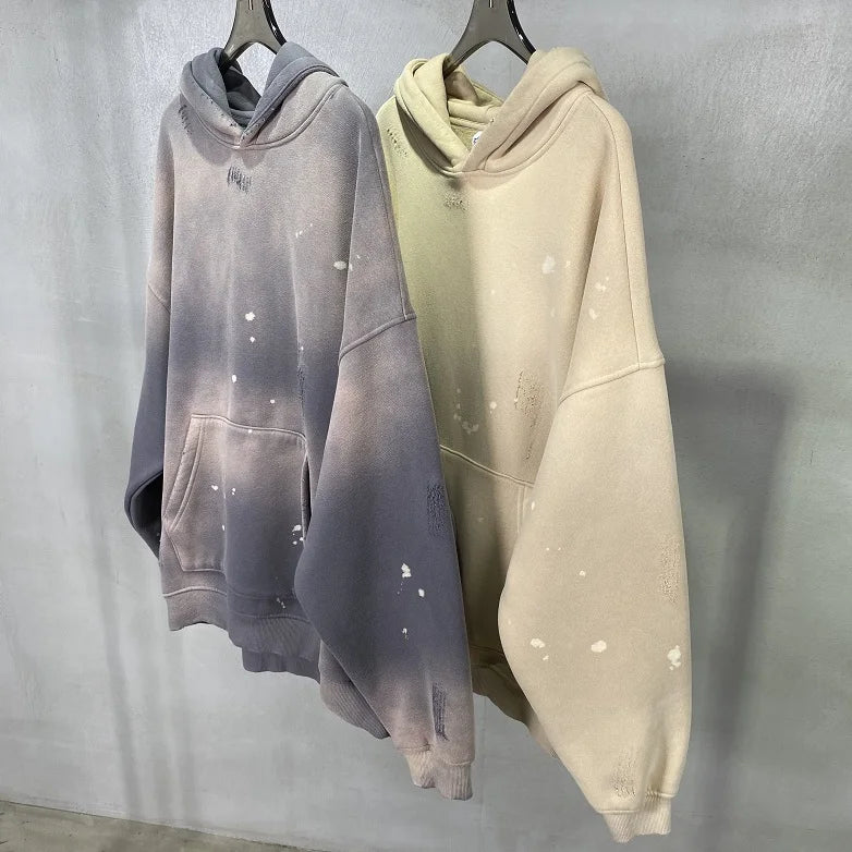 Street Wear Speckled Ink Rubbed Hooded Hoodies Fashion Sense Distressed Winter Coat Men's and Women's Baggy Washing Clothes