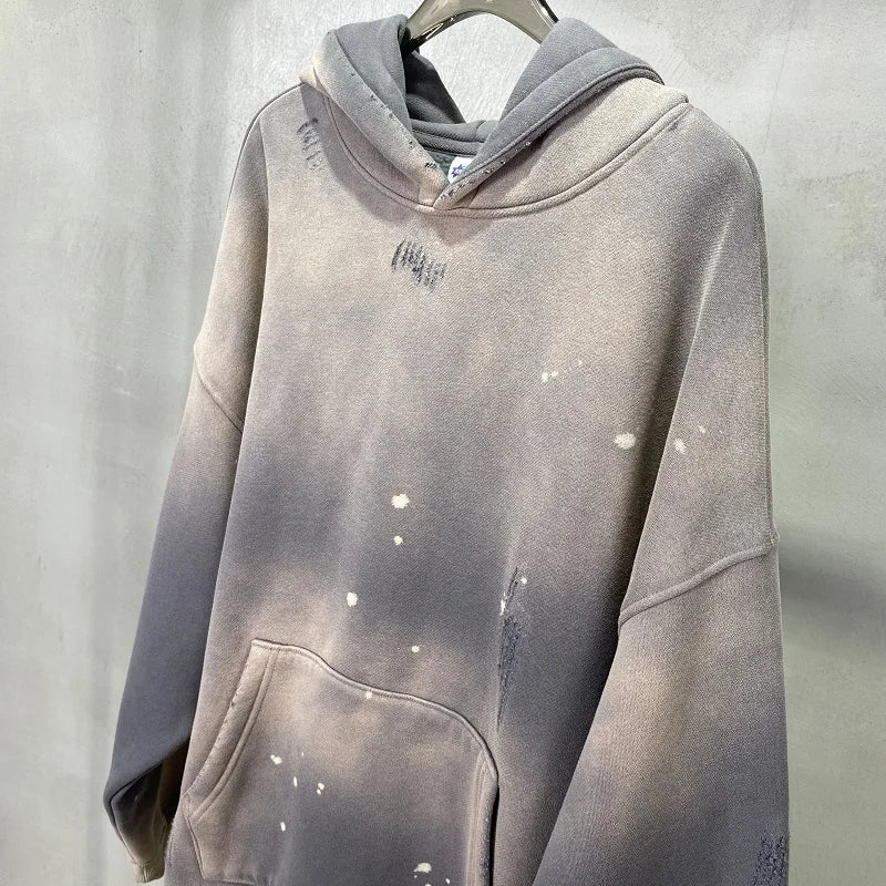 Street Wear Speckled Ink Rubbed Hooded Hoodies Fashion Sense Distressed Winter Coat Men's and Women's Baggy Washing Clothes