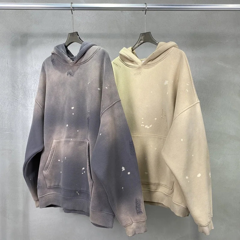 Street Wear Speckled Ink Rubbed Hooded Hoodies Fashion Sense Distressed Winter Coat Men's and Women's Baggy Washing Clothes