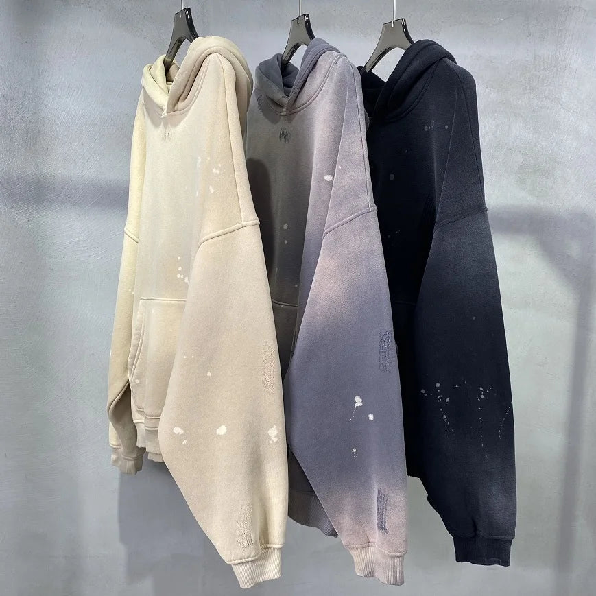 Street Wear Speckled Ink Rubbed Hooded Hoodies Fashion Sense Distressed Winter Coat Men's and Women's Baggy Washing Clothes