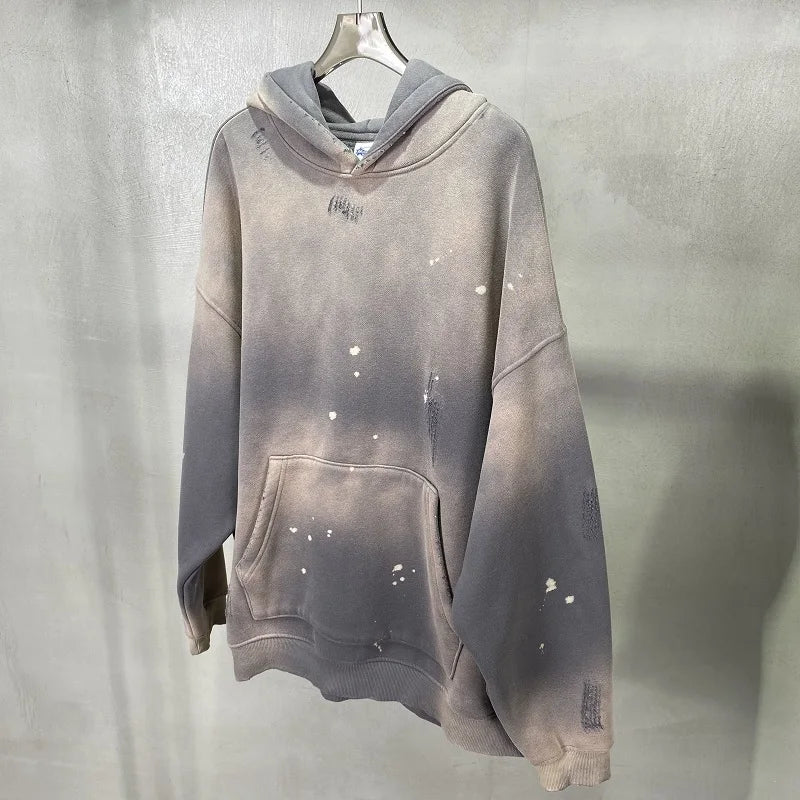 Street Wear Speckled Ink Rubbed Hooded Hoodies Fashion Sense Distressed Winter Coat Men's and Women's Baggy Washing Clothes