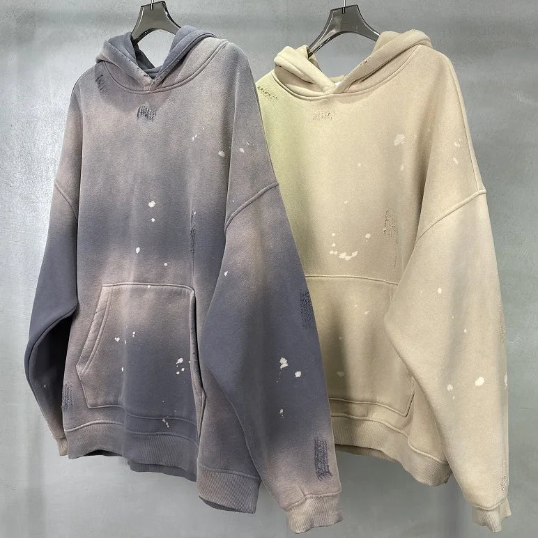 Street Wear Speckled Ink Rubbed Hooded Hoodies Fashion Sense Distressed Winter Coat Men's and Women's Baggy Washing Clothes