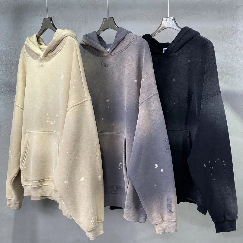 Street Wear Speckled Ink Rubbed Hooded Hoodies Fashion Sense Distressed Winter Coat Men's and Women's Baggy Washing Clothes