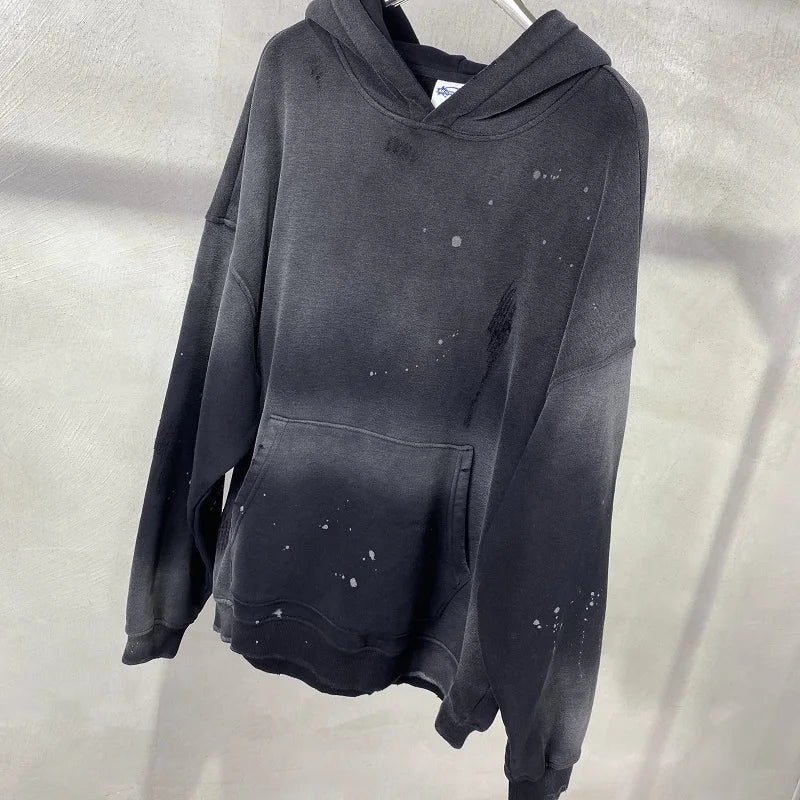 Street Wear Speckled Ink Rubbed Hooded Hoodies Fashion Sense Distressed Winter Coat Men's and Women's Baggy Washing Clothes