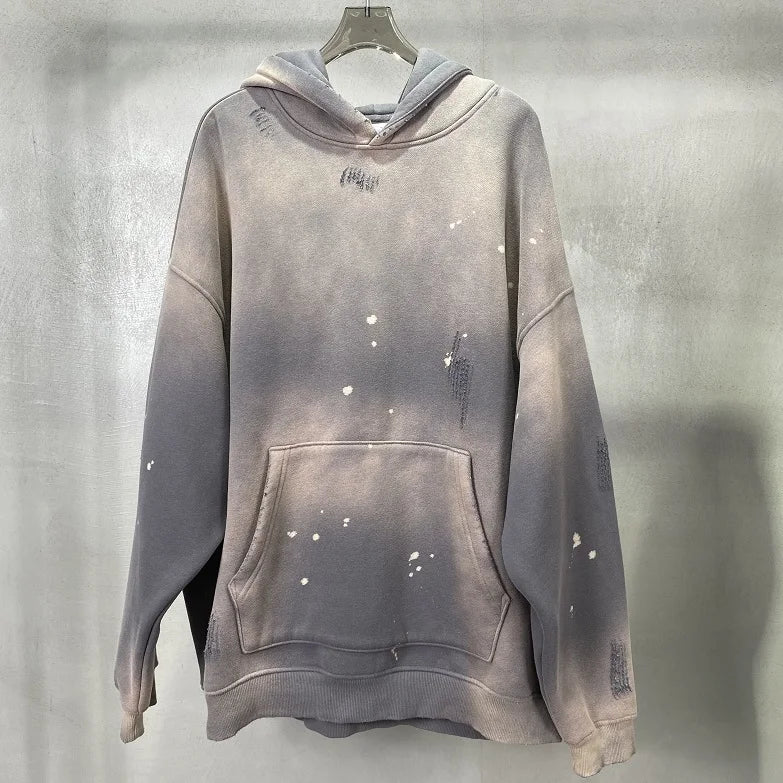 Street Wear Speckled Ink Rubbed Hooded Hoodies Fashion Sense Distressed Winter Coat Men's and Women's Baggy Washing Clothes