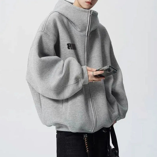 Casual Turtleneck Hooded Sweatshirts Autumn American Retro Letter Men's Clothing Printed Fashionable Zipper Loose Basic Hoodies